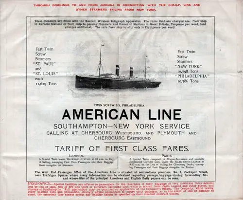 Southampton to New York Service 1908 - American Line - Tariff of First Class