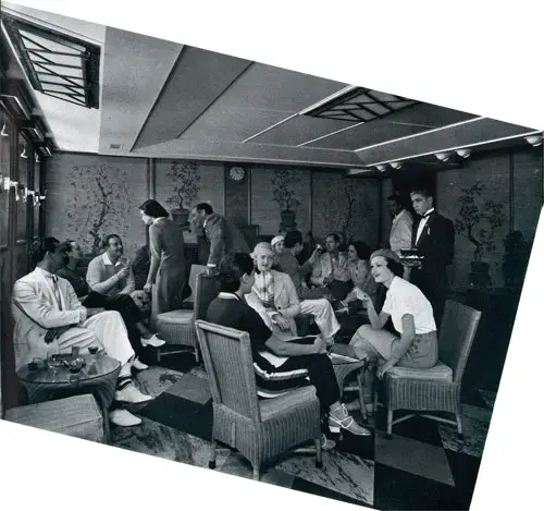 Cozy Café in a Parlor Adjoining the Tennis Court on the RMS Empress of Britain. World Cruise 1936.
