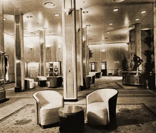 Main Hall on the Promenade Deck Enjoyed by First Class Passengers on the RMS Queen Elizabeth.