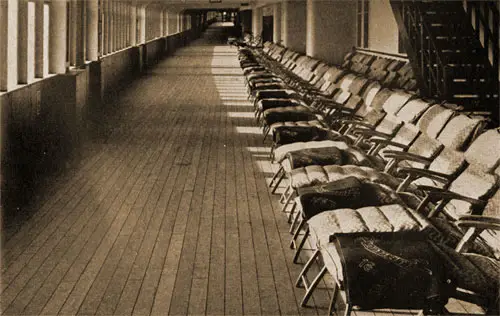 Enclosed Promenade Deck with Deck Chairs for First Class Passengers on the RMS Queen Mary.
