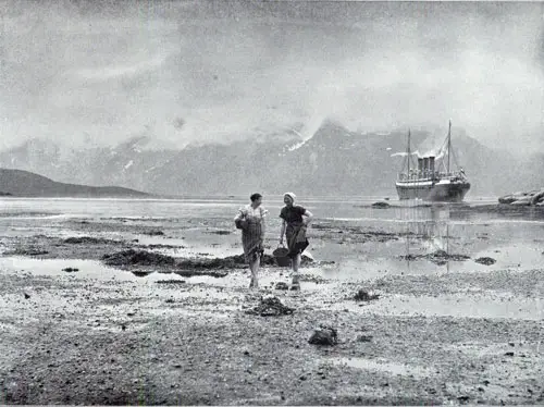 Photo 109: The SS Auguste Victoria on the Norwegian coast - two Norwegian peasant girls in foreground. 