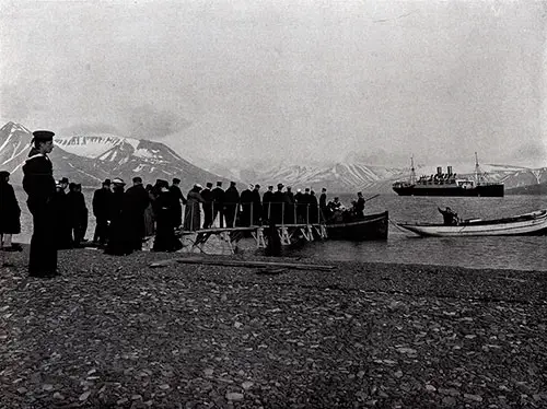 The SS Blücher in the Advent Bay, Spitsbergen. Passengers Awaiting to Board Tender at the Dock. Photo 078, Northland Trips Book of Photographs, Hamburg-American Line, 1908.