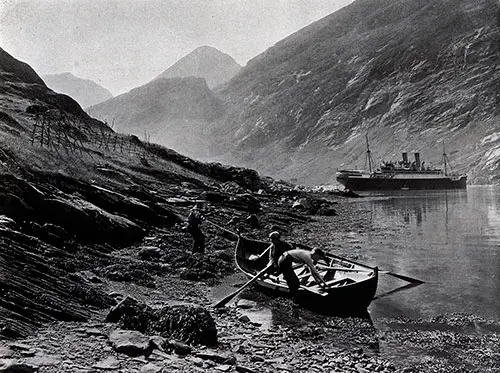 The SS Blücher in Geirangerfjord (Geirangerfjorden), Romsdal, Norway. Photo 092, Northland Trips Book of Photographs, Hamburg-American Line, 1908.