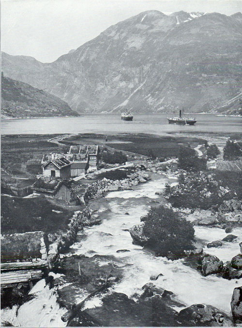 The SS Blücher in Geirangerfjord Shown With Unidentified Coastal Steamer (the One-Funnel Steamship on the Right).