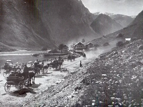 Photo 120: Departure from Gudvangen after Stalheim showing much traffic - all horse drawn vehicles. 
