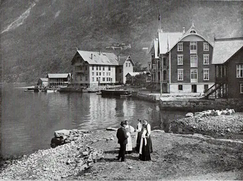 Photo 028: Group of Hotels at Odda. Women in foreground are wearing the tradition Norwegian costume or Bunad. 