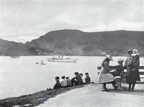 View of the SS Prinzessin Victoria Luise From the Shore With Two Women and Eight Children in the Foreground.