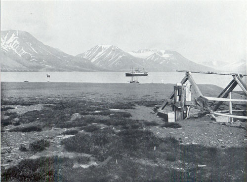 Photo 082: Advent Bay, Spitsbergen. Steamship anchored in harbor in background.