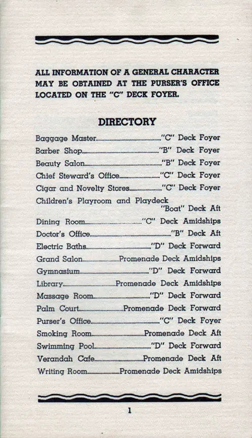 Directory of Public Rooms, SS Manhattan and SS Washington, May 1936.