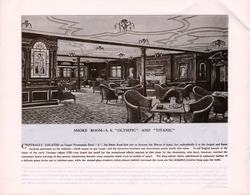 Smoking Room on the RMS Olympic and RMS Titanic of the White Star Line circa 1912.