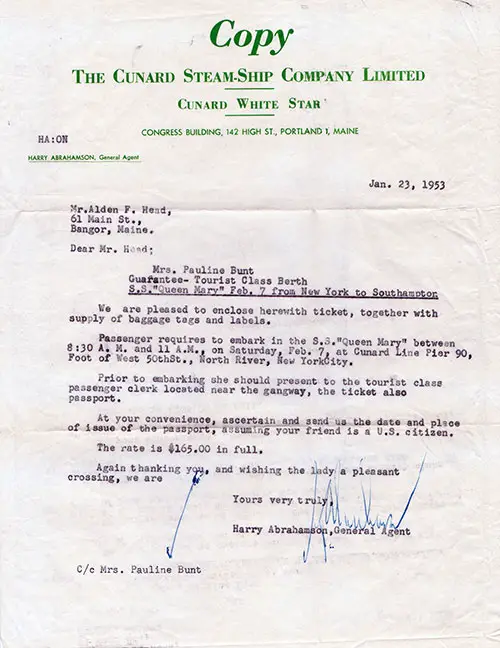 Copy of Letter of 23 January 1953 from Cunard White Star to Passenger Mrs. Pauline Bunt Pertaining to a Guarantee of a Tourist Class Berth on the SS Queen Mary.