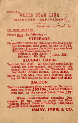 Notice To Booking Agents of the White Star Line - 1892 