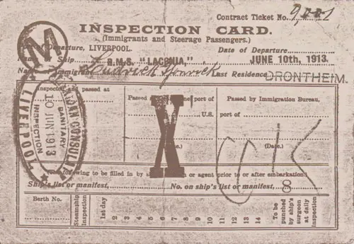 Inspection Card for Immigrants and Steerage Passengers - 1913 