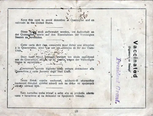 Reverse Side of Immigrant Inspection Card from the SS President Grant of the Hamburg-American Line, 24 April 1912.