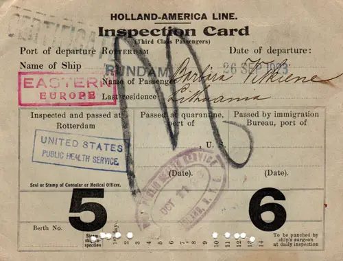 Immigrant Inspection Card for Third Class Passengers on board the TSS Rijndam of the Holland America Line, 26 September 1923.