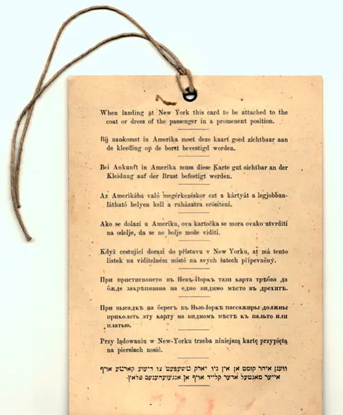 Card Attached to Coat or Dress of Immigrant at Ellis Island - 1923