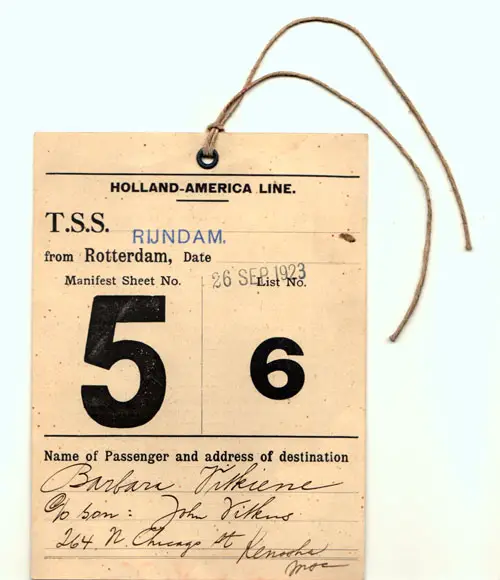 Immigrant ID Tag Worn on the Outer Garment by Barbara Vitkiene, an Immigrant on the TSS Rijndam of the Holland America Line, Manifest Sheet No. 5, List No. 6, 26 September 1923.