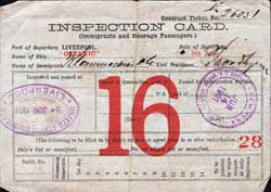 Inspection Card for Immigrants and Steerage Passengers on the RMS Oceanic, Departing Liverpool for New York on 5 June 1901 and Arriving in New York Ellis ISland on 14 June 1901.