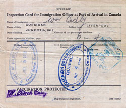 Inspection Card - Steerage Passenger, Allan Line SS Corsican, Canadian Immigrant