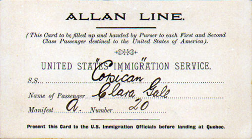 Allan Line Landing Card from the SS Corsican, Canadian Port of Entry, for the United States Immigration Service, 1907.