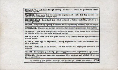 Back side of Canadian Immigration Identification Card from 1939.