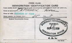 Canadian Immigration Identification Card - Third Class Passenger - 1939