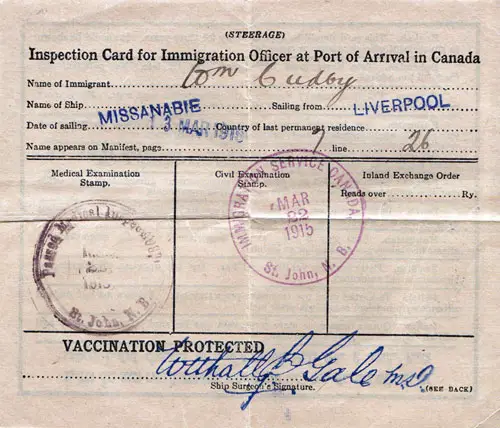 Inspection Card for Immigrant to Canada - 1915 