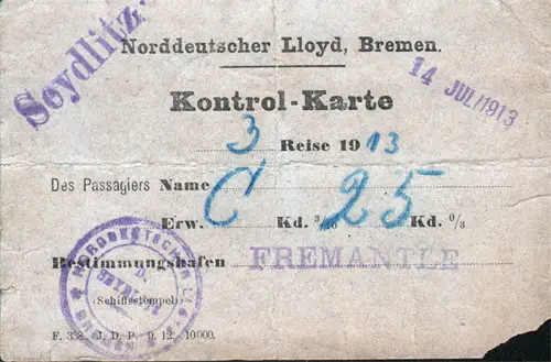 Front Side of a SS Seydlitz Immigration Control Card for Australia, issued by the North German Lloyd for a German immigrant on 14 July 1913.