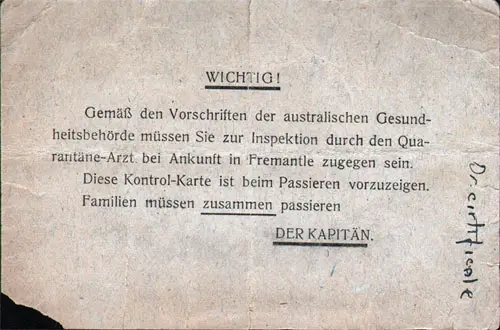 Back Side of a SS Seydlitz Immigration Control Card for Australia, issued by the North German Lloyd for a German immigrant on 14 July 1913.