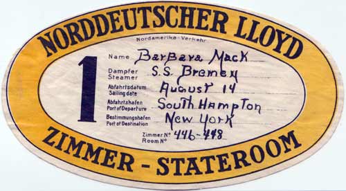 Luggage Tag, Norddeutscher Lloyd Zimmer-Stateroom, Barbara Mack, SS Bremen, 14 August 1930, Southampton to New York, Room 446-448.