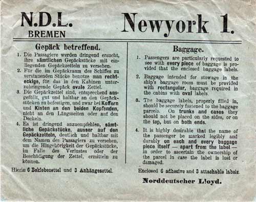 Instructions for Baggage for Passengers on Board the SS Kaiser Wilhelm Der Gross for the Voyage of 9 September 1901.