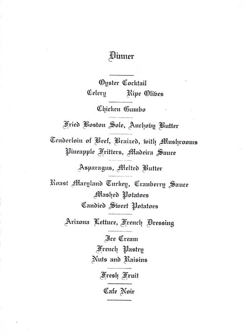 Menu Items, Farewell Dinner Menu, SS American Trader, American Merchant Lines, April 1929 