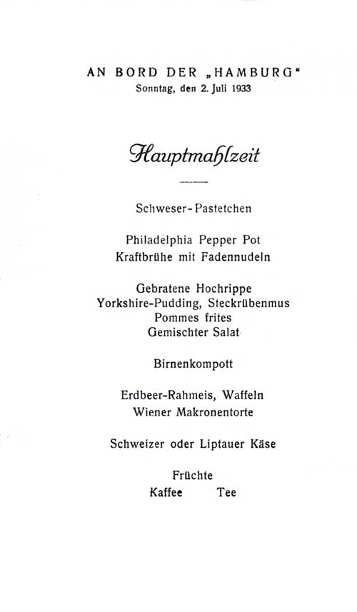 Menu items, SS Hamburg, 1933