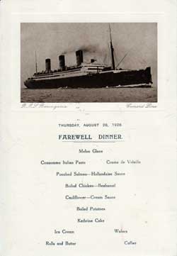 Farewell Dinner Menu, RMS Berengaria 1926