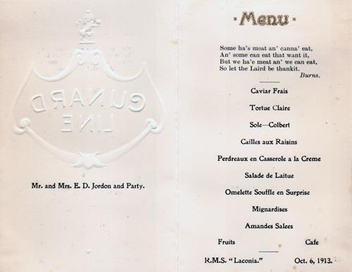 Menu Items for Mr. and Mrs. E. D. Jordon and Party on Board the RMS Laconia, 6 October 1913.