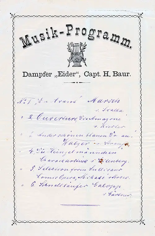 Music Program, SS Eider, North German Lloyd, January 1890