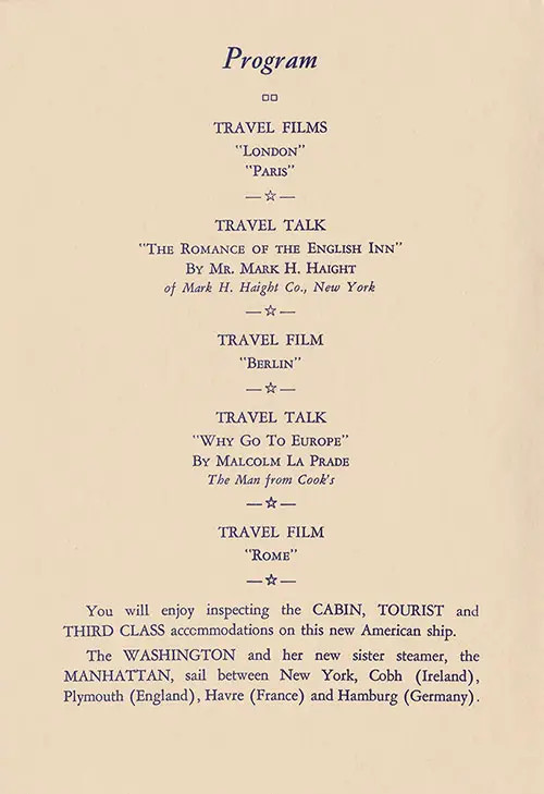 Program of Travel Films and Travel Talk Aboard the SS Washington and SS Manhattan.