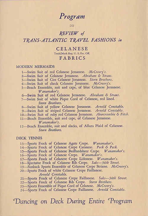 Program: Review of Transatlantic Travel Fashions in Celaneses Fabrics, 5 June 1933.
