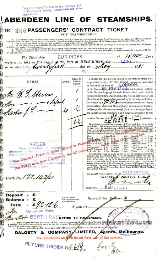 Contract for a Third Class Passage on a Voyage of the SS Euripides of the Aberdeen Line from Melbourne, Australia, to London Departing on 21 May 1921.