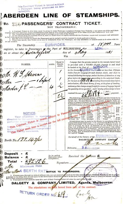 SS Euripides of the Aberdeen Line Passage Contract, 21 May 1921.