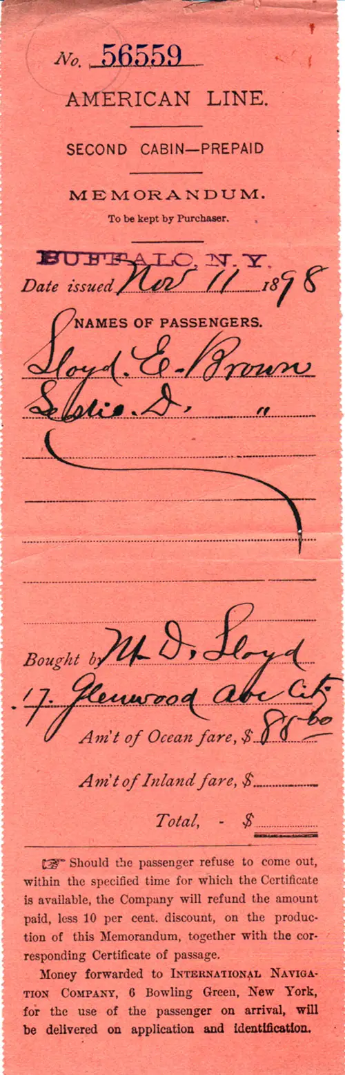 Prepaid Steamship Ticket - Second Cabin - American Line 1898