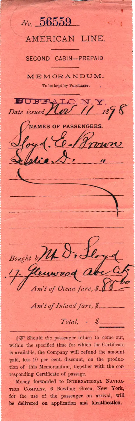 American Line Prepaid Passage Memorandum for Passengers Lloyd E. Brown and Leslie D. Brown, 11 November 1898.