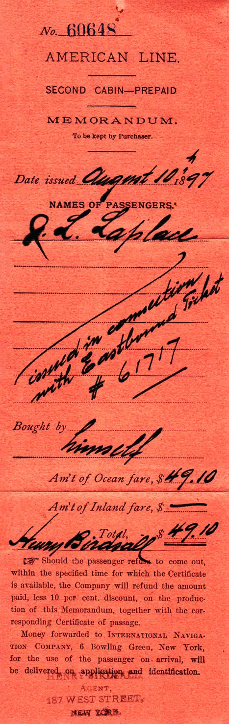 SS St. Louis Prepaid Steamship Ticket Memorandum, American Line, 2 October 1897.
