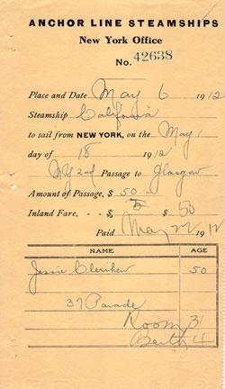 Anchor Line Steamship Ticket Receipt 1912