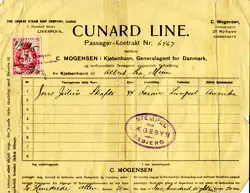 Contract for Passage, Cunard Line, Copenhagen to America 1905