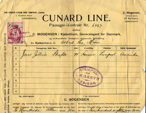Contract for Passage, Cunard Line, Copenhagen to America 1905