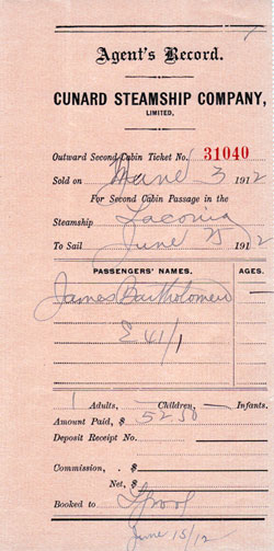 Agent's Receipt and Record of a Second Cabin Ticket for an Eastbound voyage on the new Cunard Laconia from Boston to Liverpool, 3 June 1906.