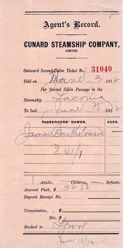 Agent's Record, Cunard Steamship Company, Outward Second Cabin Ticket, 1912