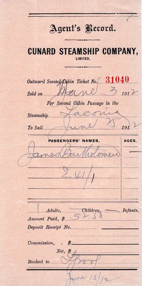 Agent's Receipt and Record of a Second Cabin Ticket for an Eastbound voyage on the new Cunard Laconia from Boston to Liverpool, 3 June 1906.