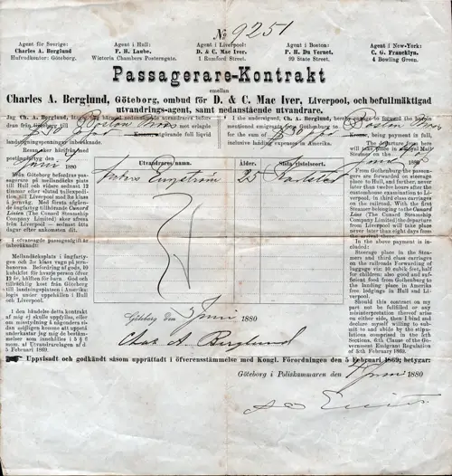 Passagerare-Kontrakt - Cunard Line - Sverige den 4 Juni 1880